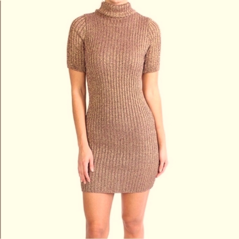 For Love‎ & Lemons Knitz Rose Gold Sparkle Sweater Dress Short Sleeves Size M